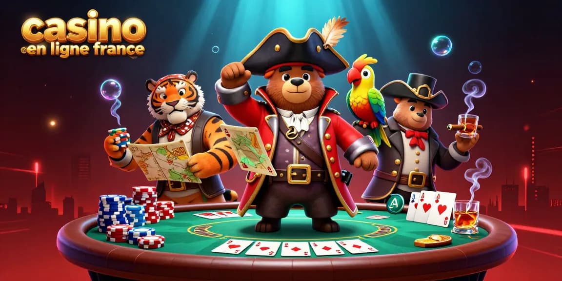 Jouer à des jeux de casino en ligne France avec un ours pirate et un tigre à la table de poker.