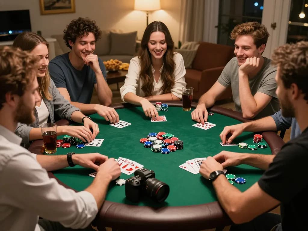 Friends enjoying an exciting poker night at home with ALO8 themed atmosphere and colorful chips.