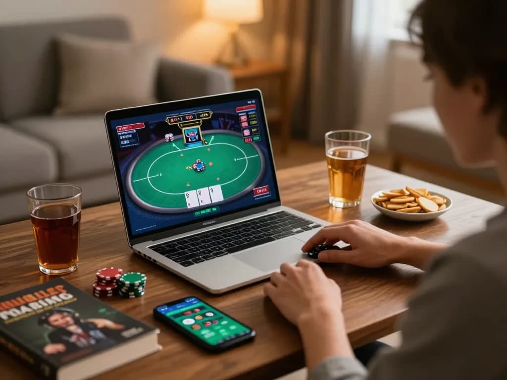 79KING players strategizing their poker gameplay at home with a relaxed setting
