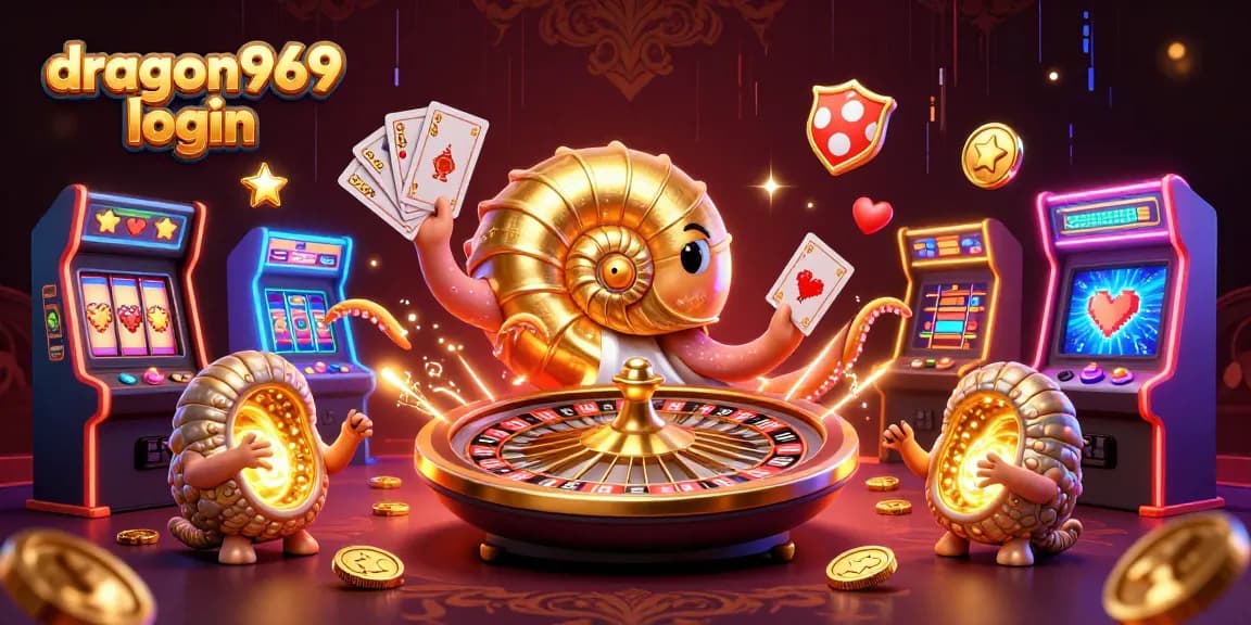 Experience the excitement of dragon969 login with a vibrant casino-themed illustration featuring slot reels and glowing game elements.