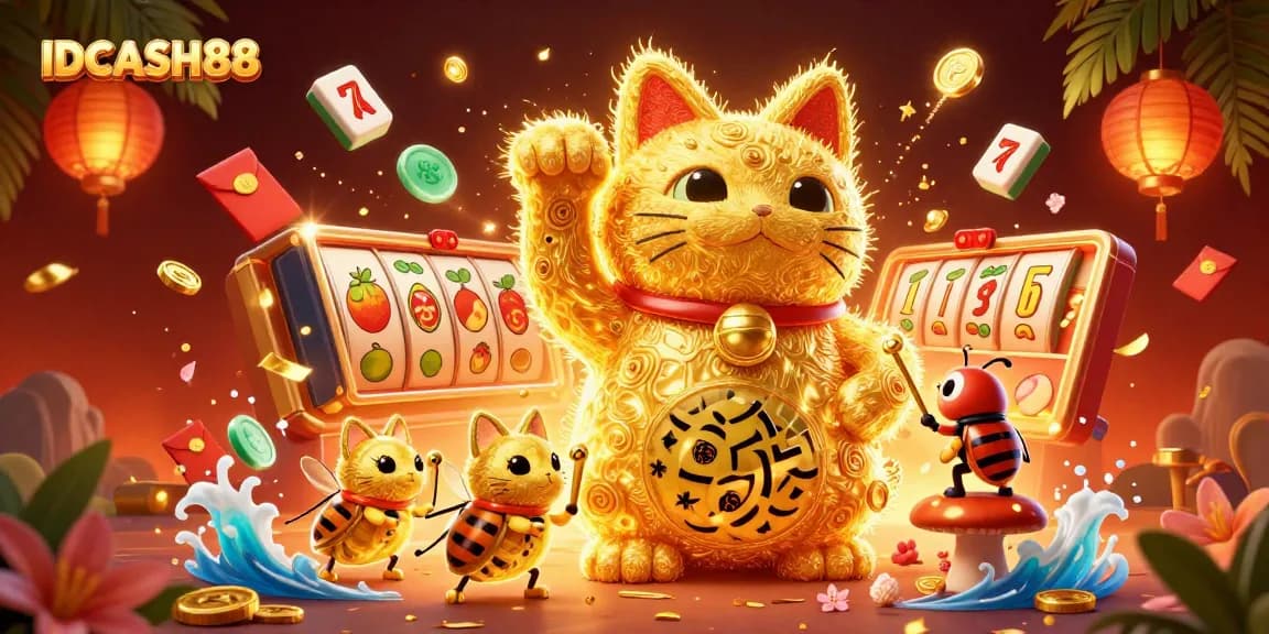 Play and win with IDCASH88's vibrant casino scene featuring lucky symbols.