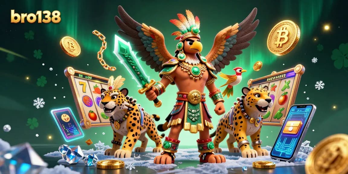 Play slots and win big with bro138 featuring vibrant 3D Aztec warriors and digital currency elements.