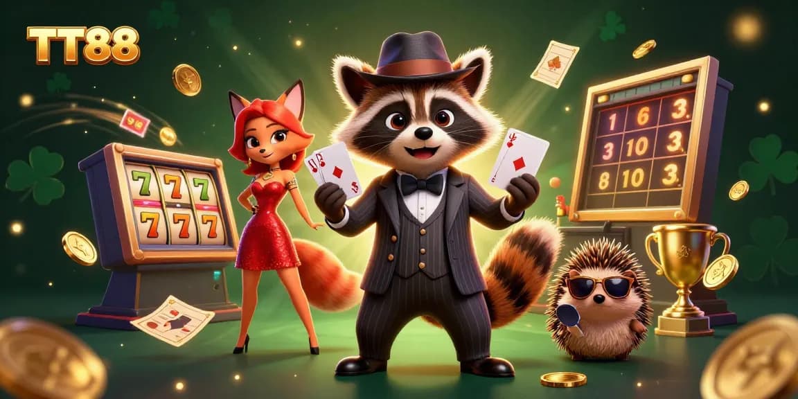 Experience winning at TT88 with a suave raccoon, stylish fox, and hedgehog bouncer in a vibrant casino scene.