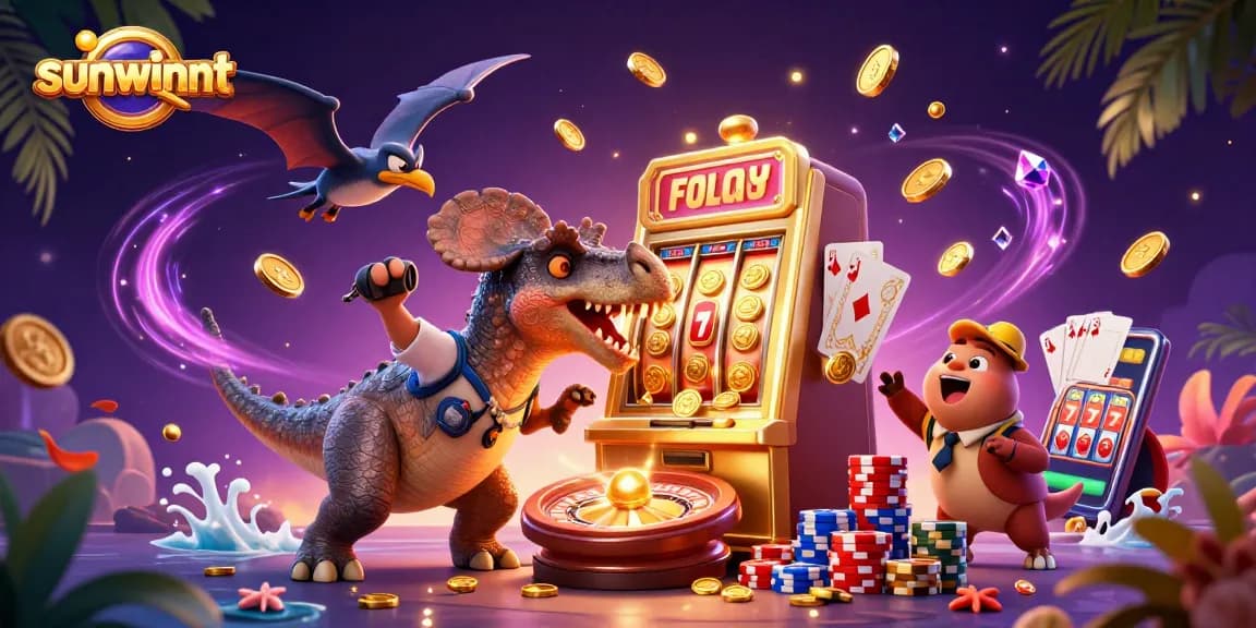 sunwinnt casino scene featuring a dinosaur hitting a slot machine for a jackpot prize