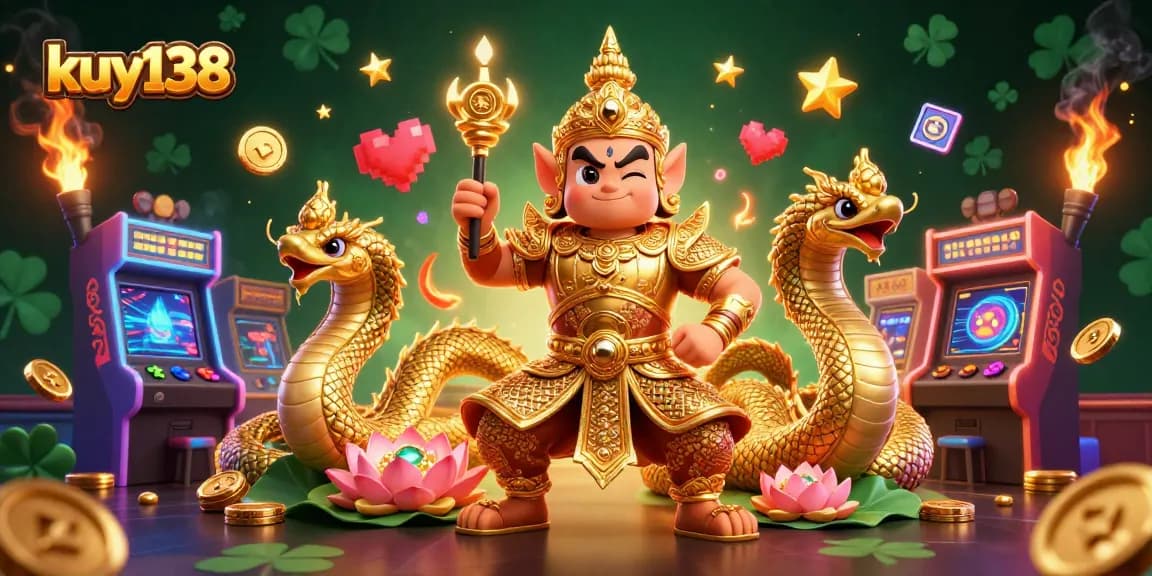 Menggandakan keberuntungan pemain kuy138 di kasino dengan penjaga kuil Thai berarmor emas dan naga bersinar.