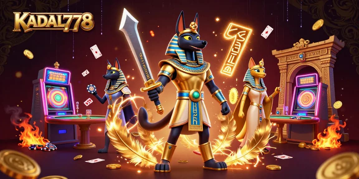 KADAL778 features an ancient Egyptian warrior and priestess in a lively casino scene with cards and slot machines.
