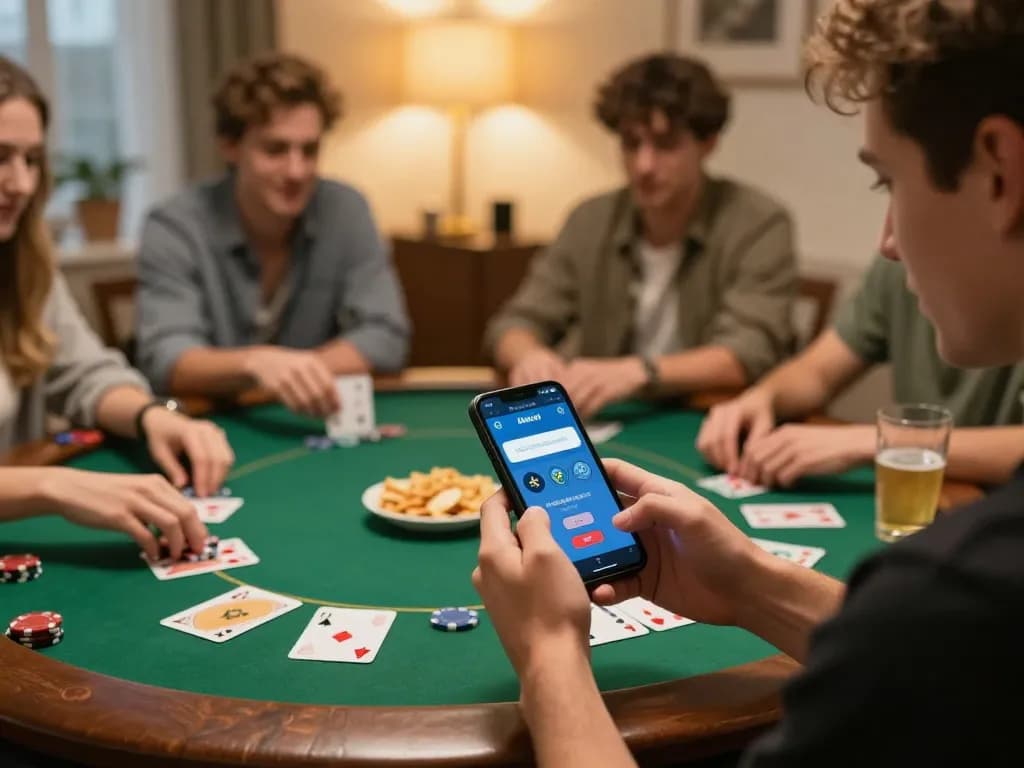 Pemain terlibat dalam login aneka4d di rumah, menikmati poker dengan teman-teman, malam permainan yang meriah.