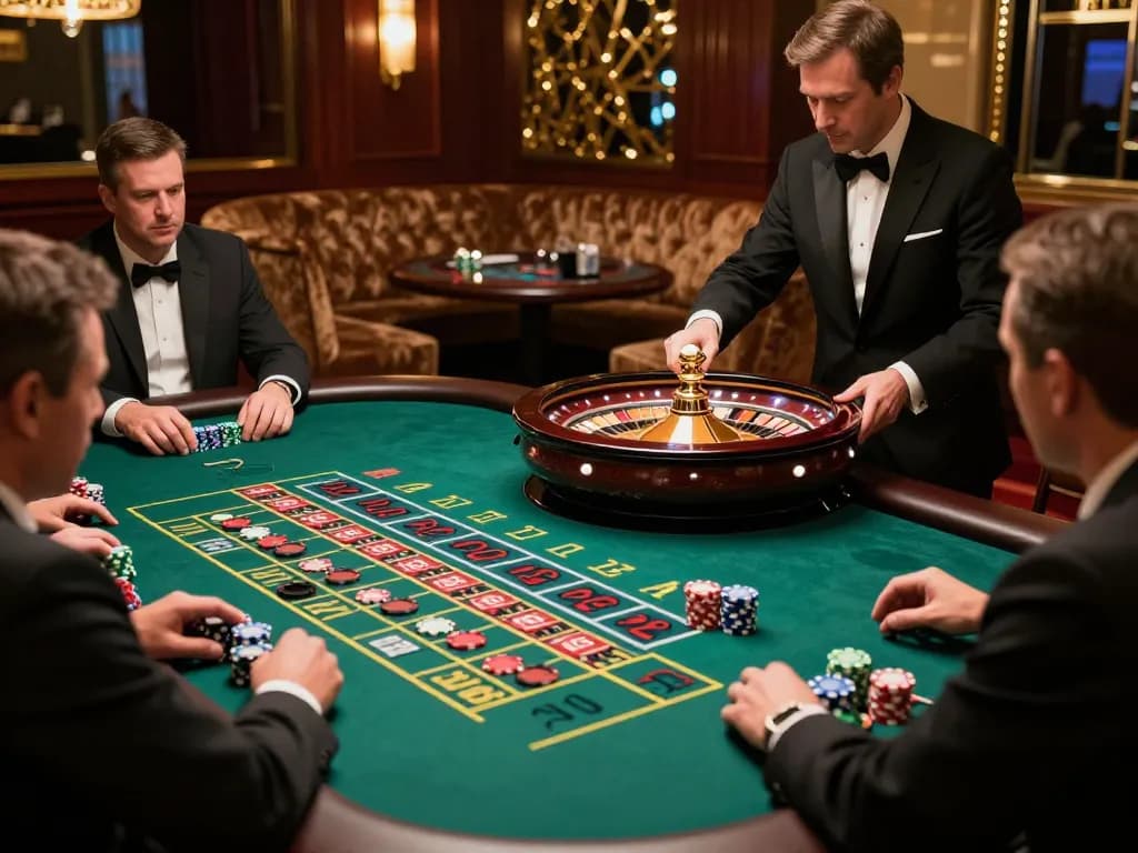 Gamblers place bets on ALO8's thrilling roulette table, capturing the exhilaration of high-stakes action.