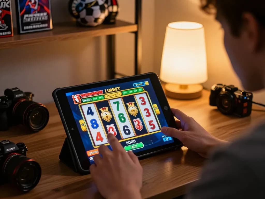 Engaged player spins the reels on a link slot game during a cozy gaming session at home.