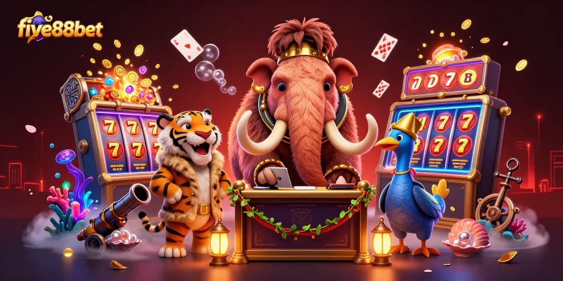 Win big with five88bet in this vibrant casino scene featuring dynamic characters and exciting elements.