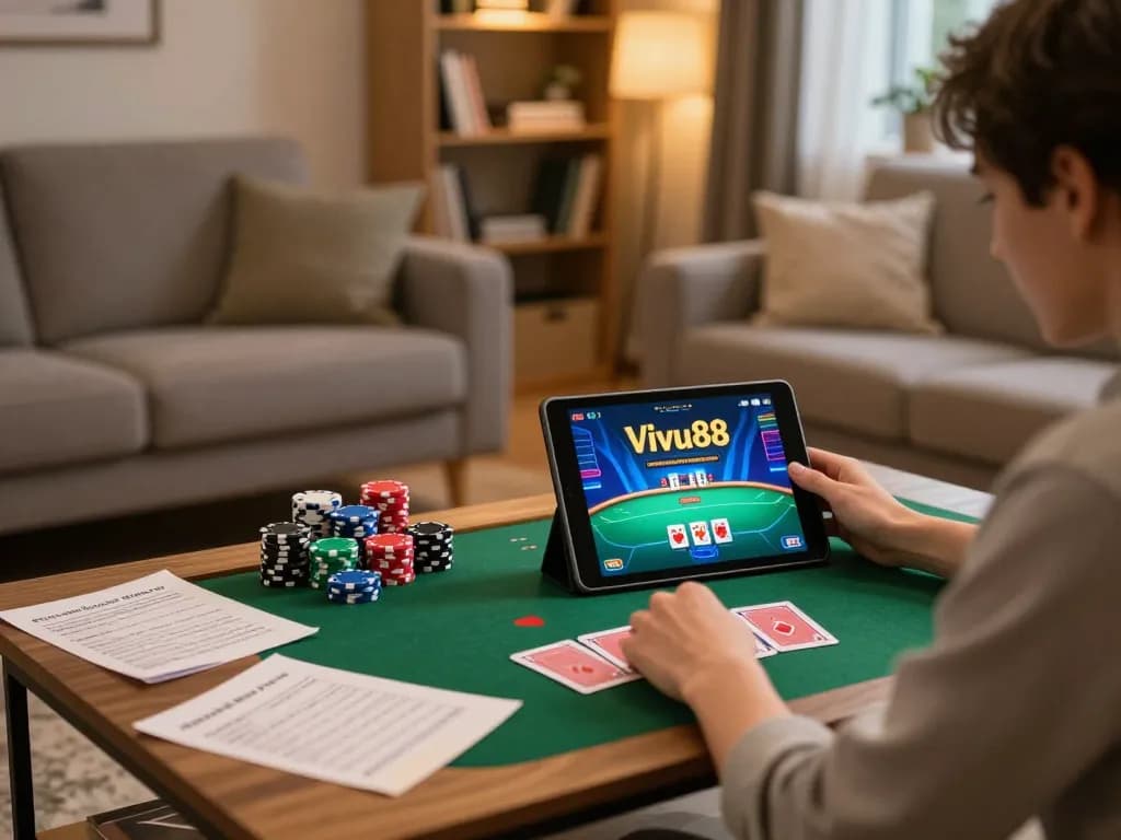 Engaged player enjoying Vivu88 online poker game on a tablet from cozy home setup.