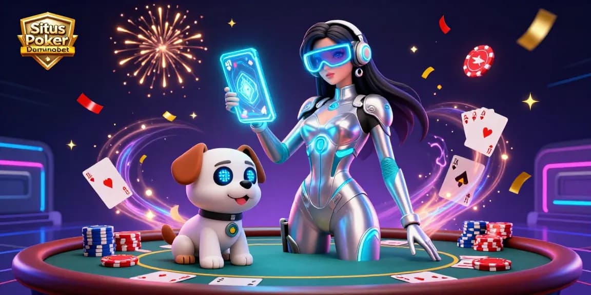 Situs Poker Dominobet showcases a vibrant poker scene with a 3D woman and robot dog amidst dynamic poker elements.
