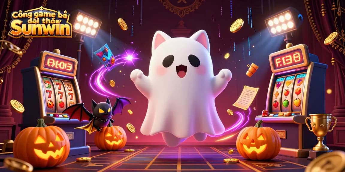 Cổng game bài đổi thưởng Sunwin showcases a playful ghost cat and bat in a vibrant casino environment.