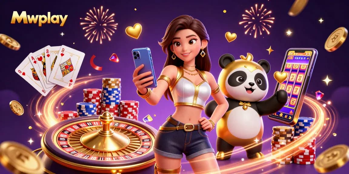 Mwplay casino promotion featuring an Asian woman and golden panda mascot enjoying lively gaming elements and celebrating wins.