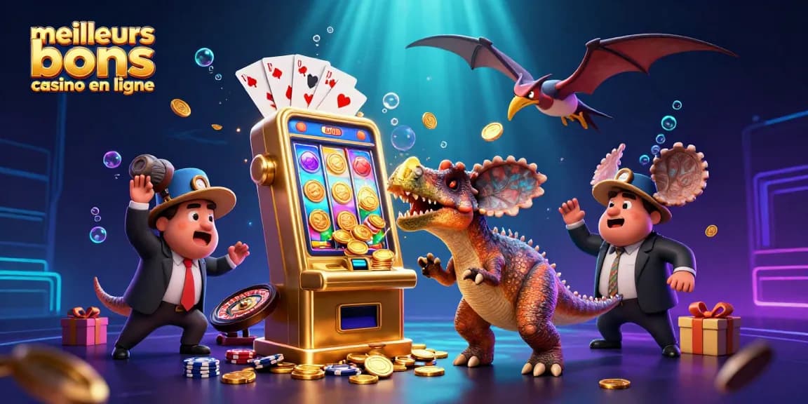 Découvrez les meilleurs bonus casino en ligne avec un dinosaure jouant à la machine à sous.