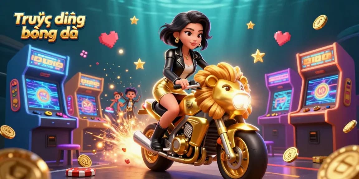 Experience thrilling Trực tiếp bóng đá action with an Asian woman riding a golden lion, amidst vibrant casino elements.