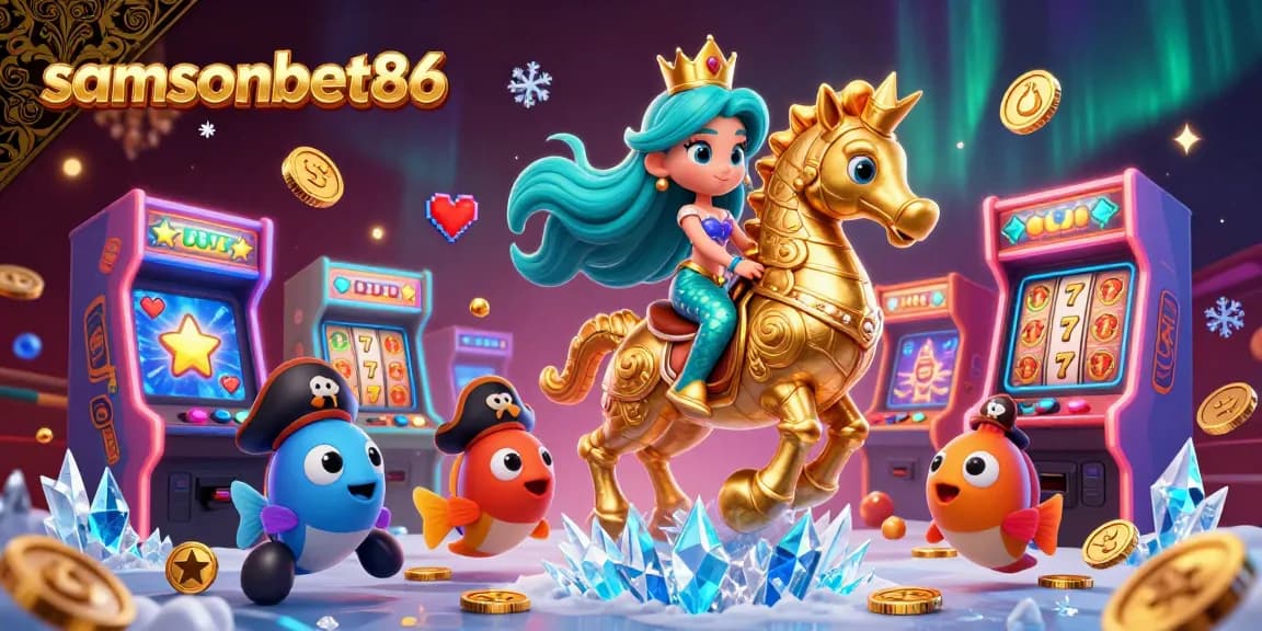 Experience the vibrant gameplay at samsonbet86 with a mermaid princess riding a seahorse amidst colorful slot machines.
