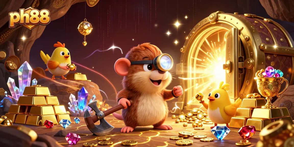 Experience thrilling betting action at ph88 with cartoon mole and canary uncovering treasures in a vibrant casino world.