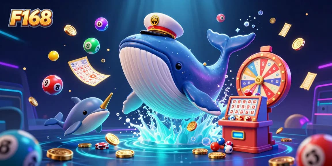 F168 captivates players with an exciting scene of a cartoon whale and dolphins amidst a dynamic lottery and gaming spectacle.