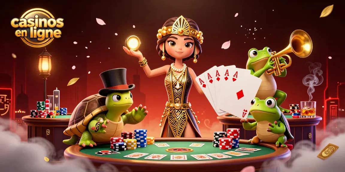 Découvrez des casinos en ligne avec cette illustration vibrante de poker et personnages variés.