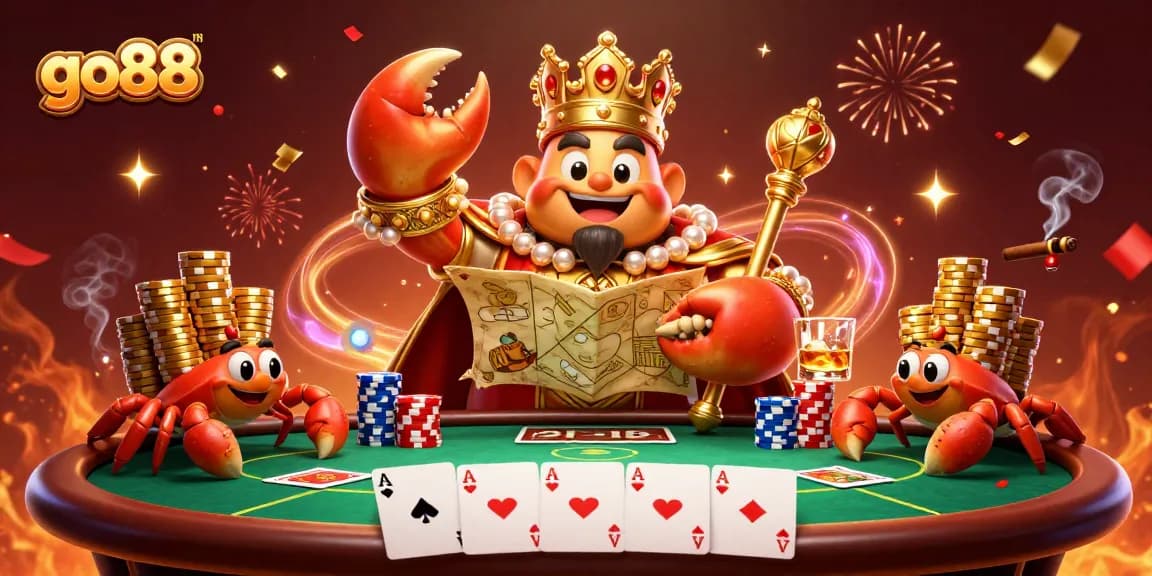go88 showcases a golden crab emperor amidst vibrant casino elements, emphasizing thrilling gameplay.