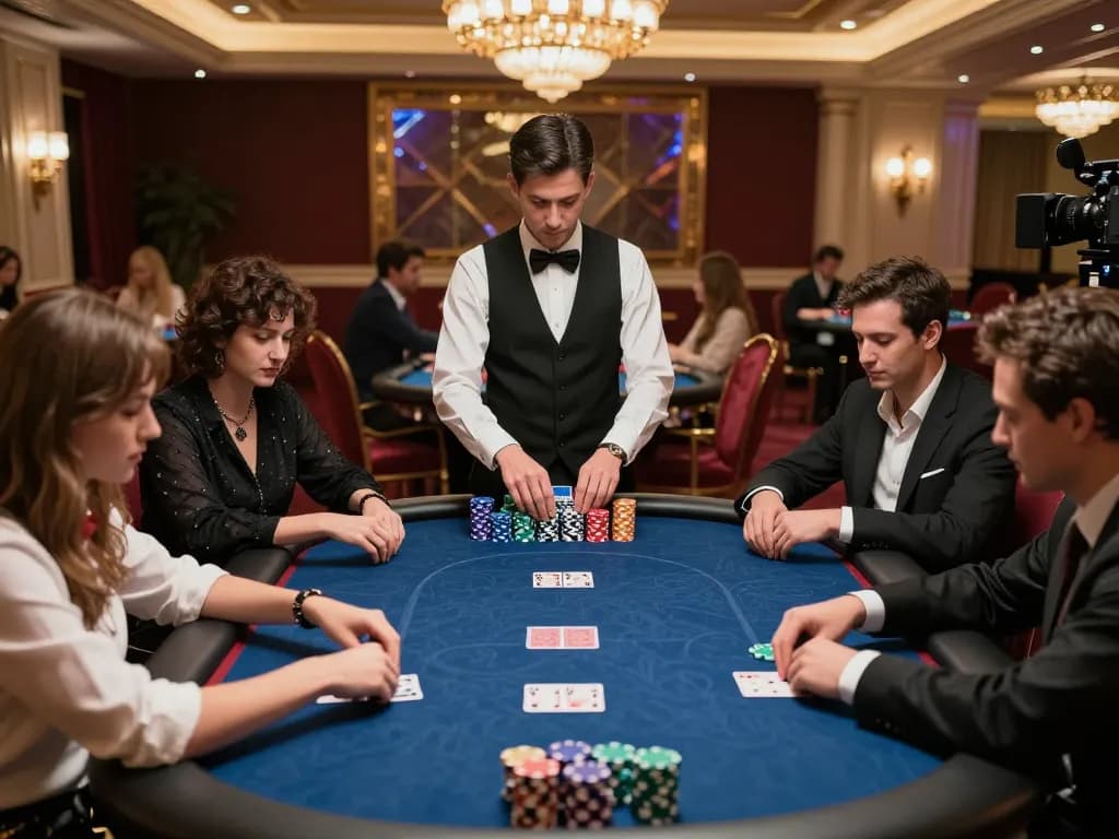 Players engaged in high-stakes poker at a luxurious casino, showcasing MM88 gaming strategy.