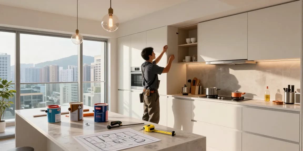 home renovation Hong Kong, skilled contractor installing custom kitchen cabinetry with city views