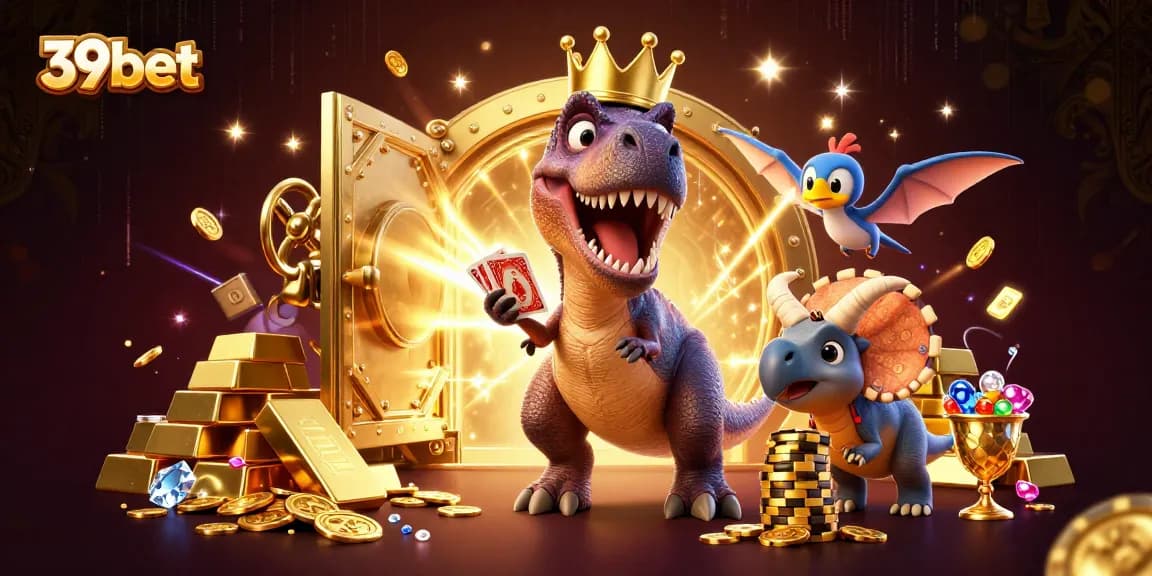 Join the excitement of 39bet with a vibrant online casino scene featuring playful dinosaurs.