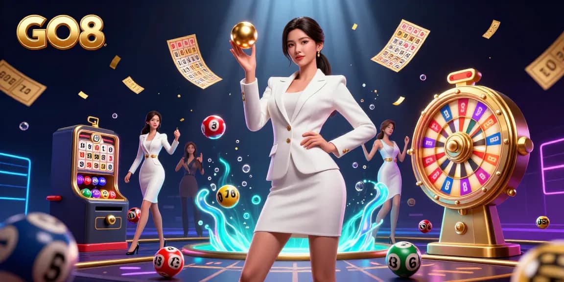 Engage with GO8's vibrant casino world featuring a stylish woman with a roulette ball amidst dynamic gaming elements.