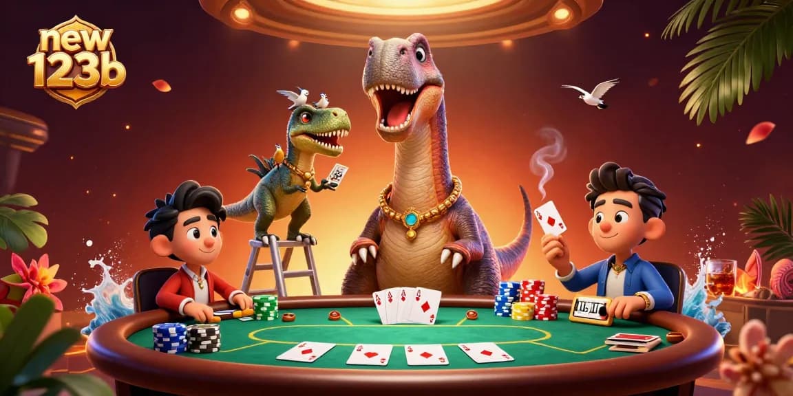 Engage in thrilling gameplay at new123b with a giant brontosaurus overseeing a dynamic poker game.