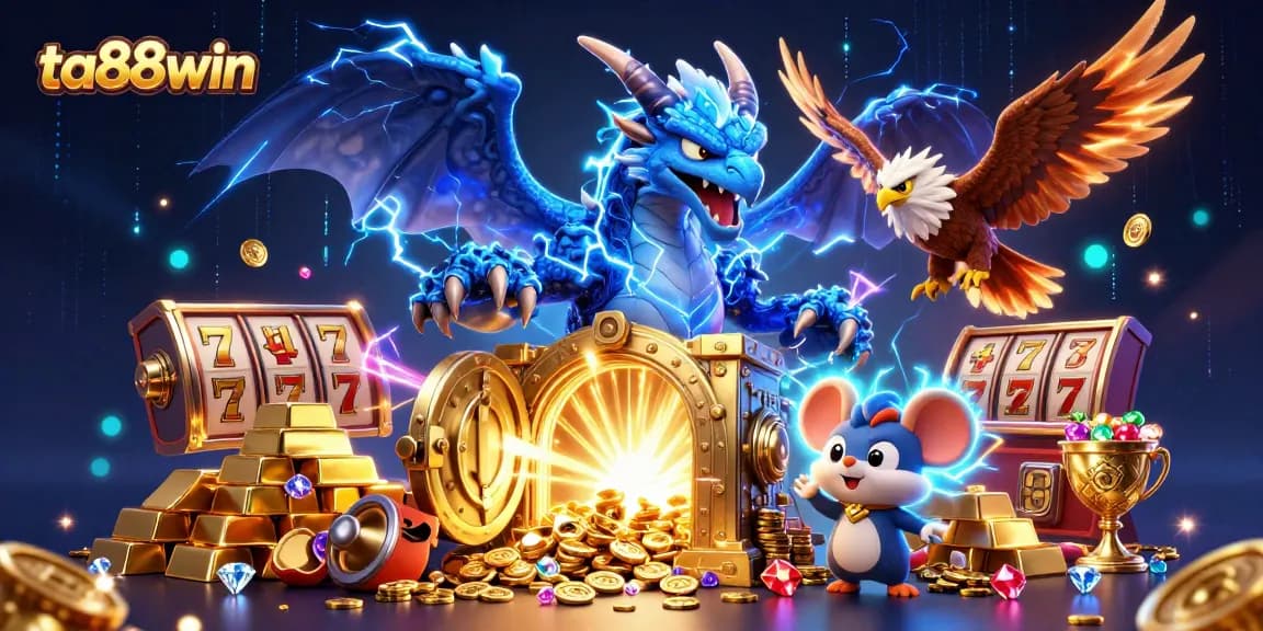 Experience ta88win with electrifying energy in this vibrant 3D casino scene featuring magical elements and treasures.