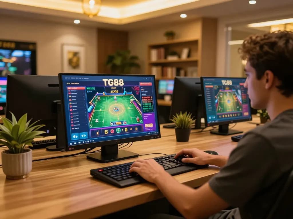 TG88 online casino gaming interface displayed on laptop in a stylish home environment, capturing immersive gameplay.
