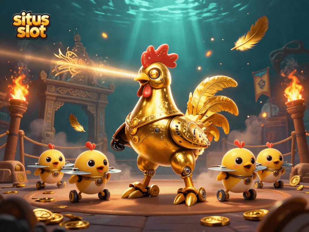 Engage with situs slot at a vibrant retro casino scene featuring a golden rooster robot.