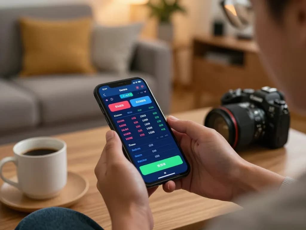 Person using 8xbet mobile app for live sports betting in a cozy home setting