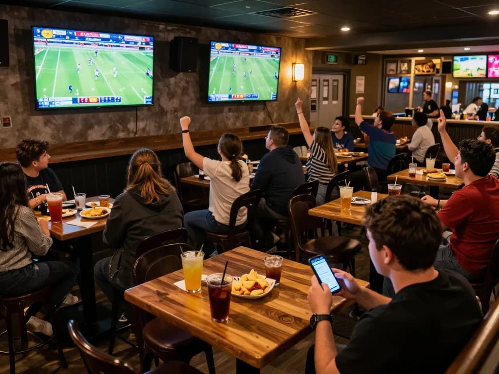 Intensely focused sports betting scene with fans analyzing nhandinhkeonhacai odds on smartphones
