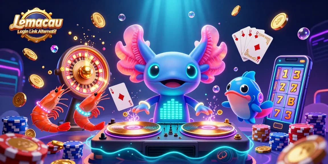 Experience the excitement of Lemacau Login Link Alternatif with a vibrant DJ party scene featuring a neon axolotl and underwater casino elements.