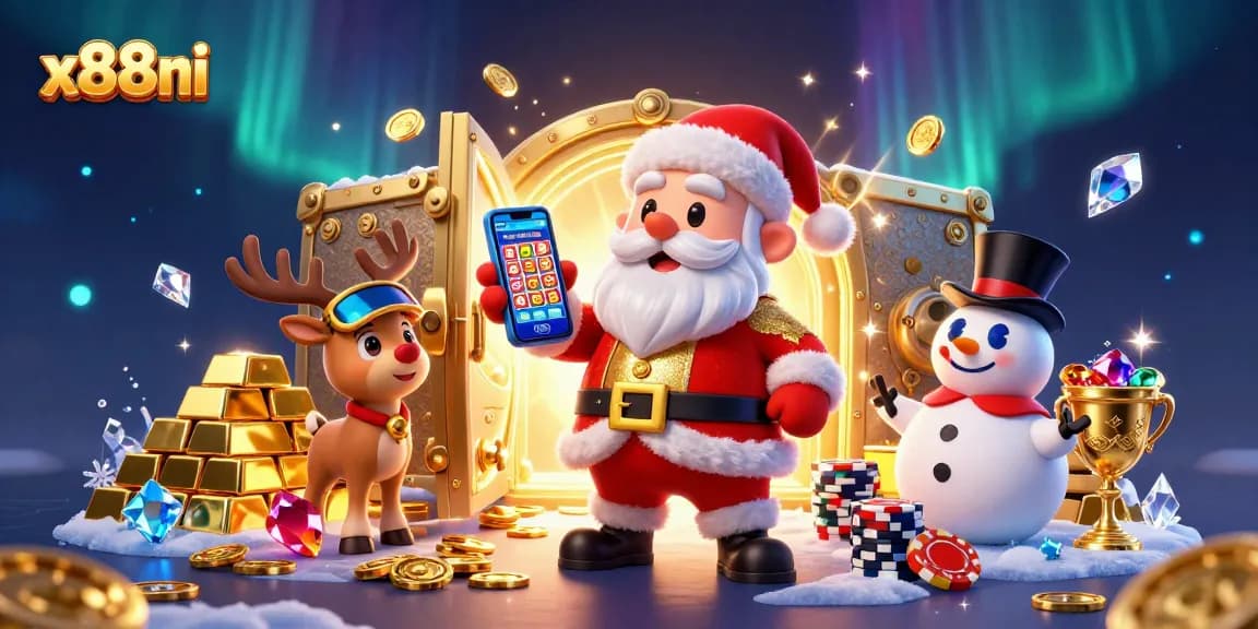 Spin jackpots at x88ni with Santa Claus, a reindeer dealer, and a poker chip snowman!