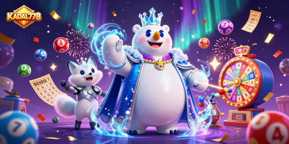 KADAL778 welcomes players to exciting lottery games, featuring colorful bouncing balls and vibrant prizes in a captivating scene.