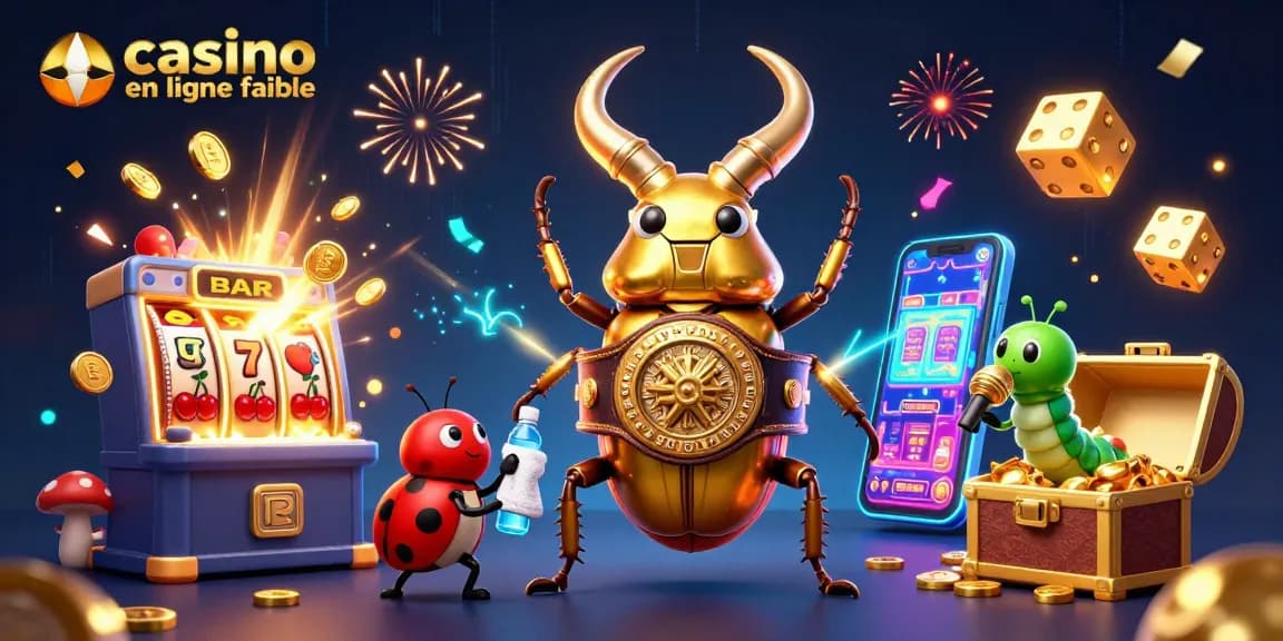 Profitez des jeux de casino en ligne fiables avec une illustration d'un scarabée doré et des éléments de chance.