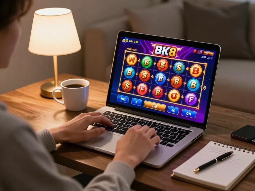 Engaging in a thrilling BK8 online casino game from a cozy modern living room setup