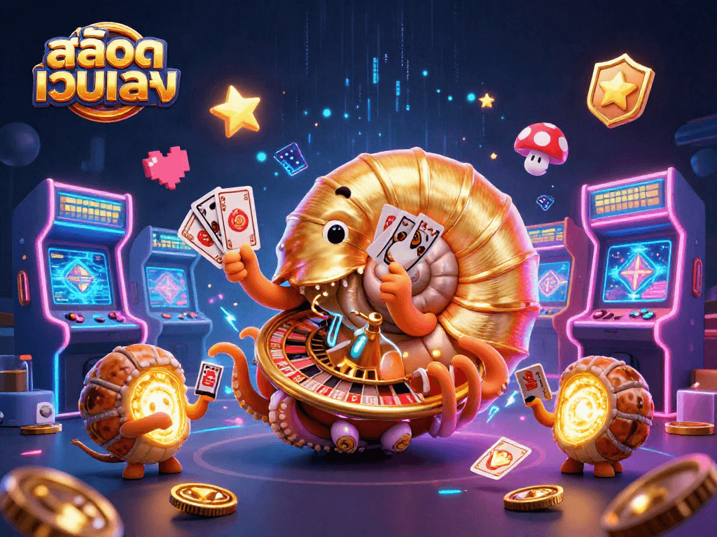 Engage with สล็อตเว็บตรง in a vibrant 3D casino illustration featuring an ancient nautilus roulette.