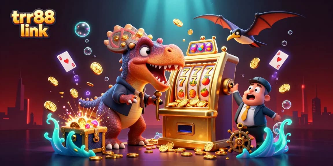 Spin the trr88 link in a thrilling cartoon scene with a dinosaur hitting a slot machine.