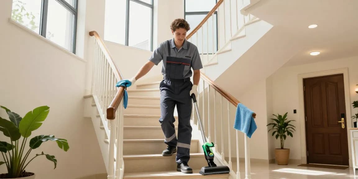 Professionelle Treppenhausreinigung mit umweltfreundlichen Reinigungsmitteln in einem modernen Gebäude