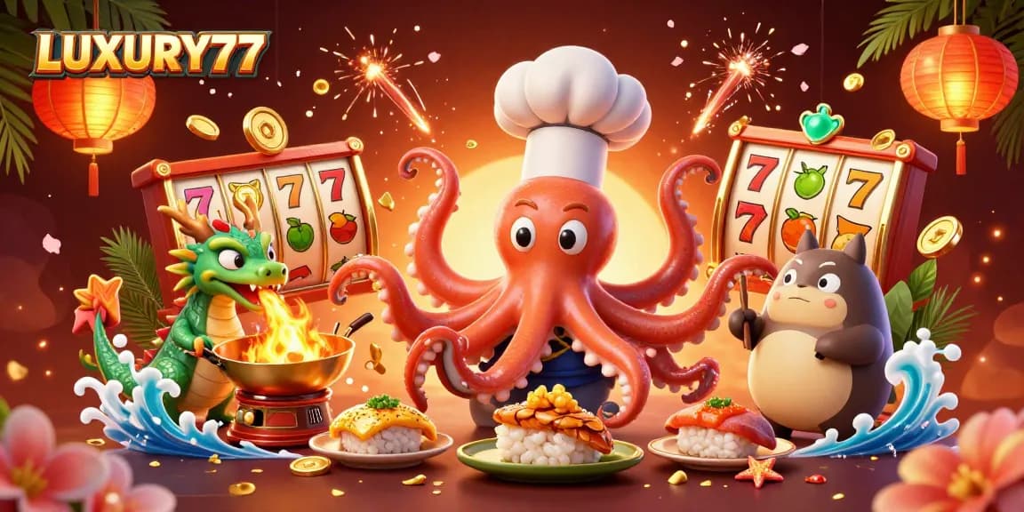 Menangkan permainan di LUXURY777 dengan chef sushi dan simbol slot yang berkilauan.