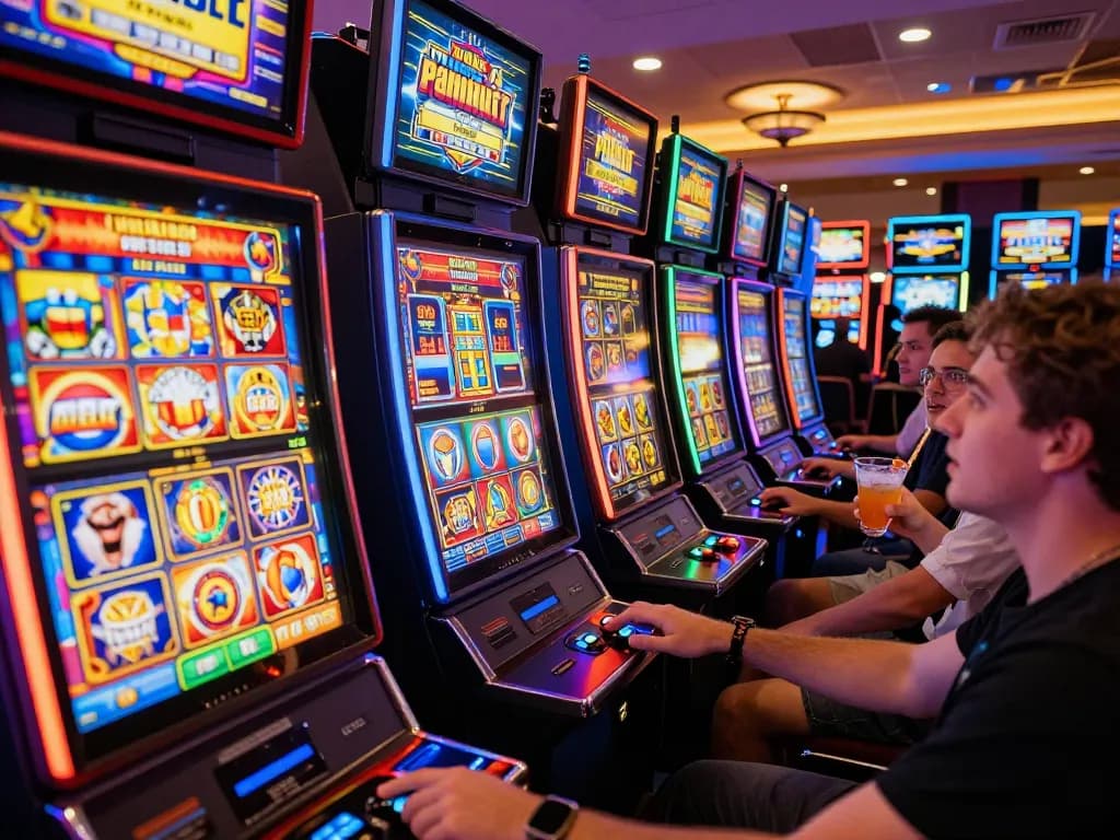 Enjoying slots not on Gamstop in a vibrant casino atmosphere with spinning reels and engaged players.