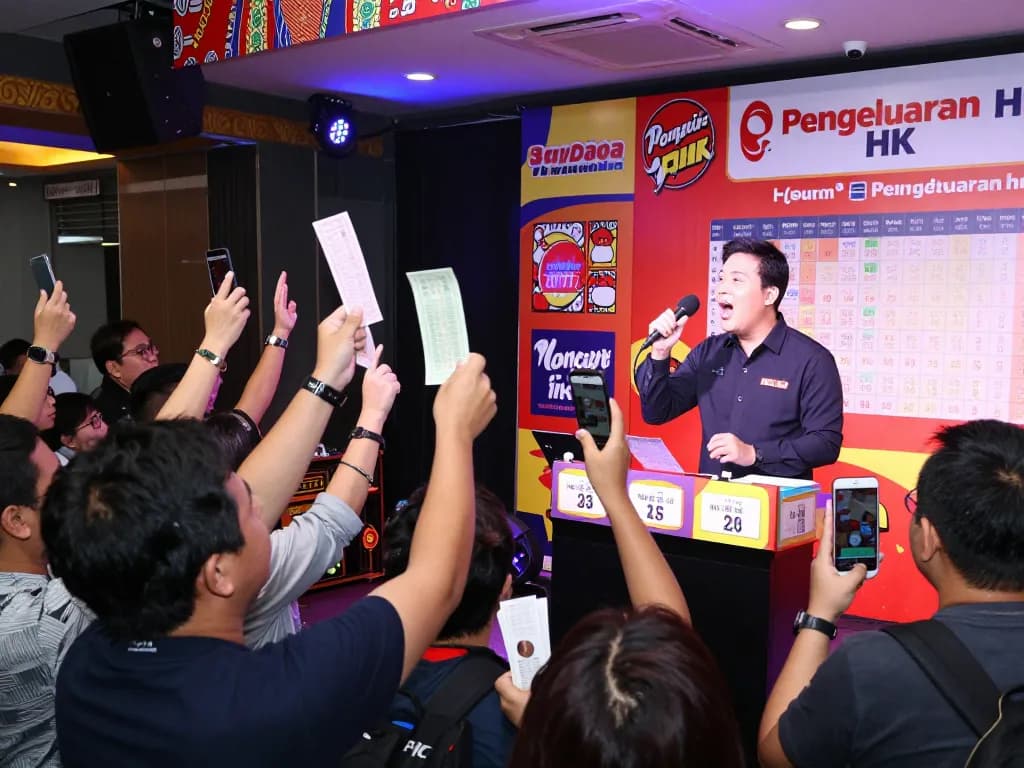 Exciting live lottery draw with audience celebrating Pengeluaran HK results and winning tickets