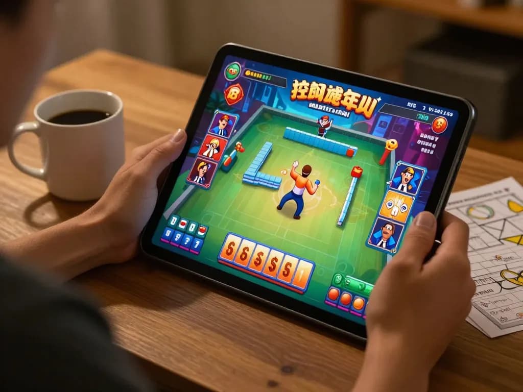 Player enjoying Mahjong Maxwin on tablet at cozy home setup, showcasing situs gacor gaming experience.
