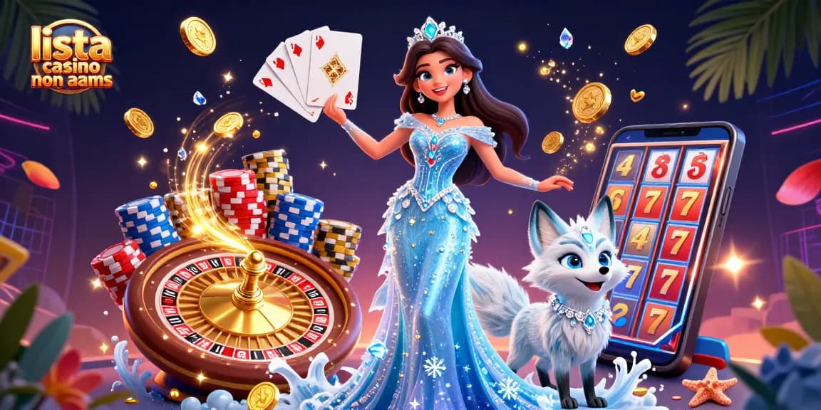 Interagisci con la lista casino non aams che presenta personaggi vivaci ed elementi entusiasmanti del casinò in una scena dinamica.