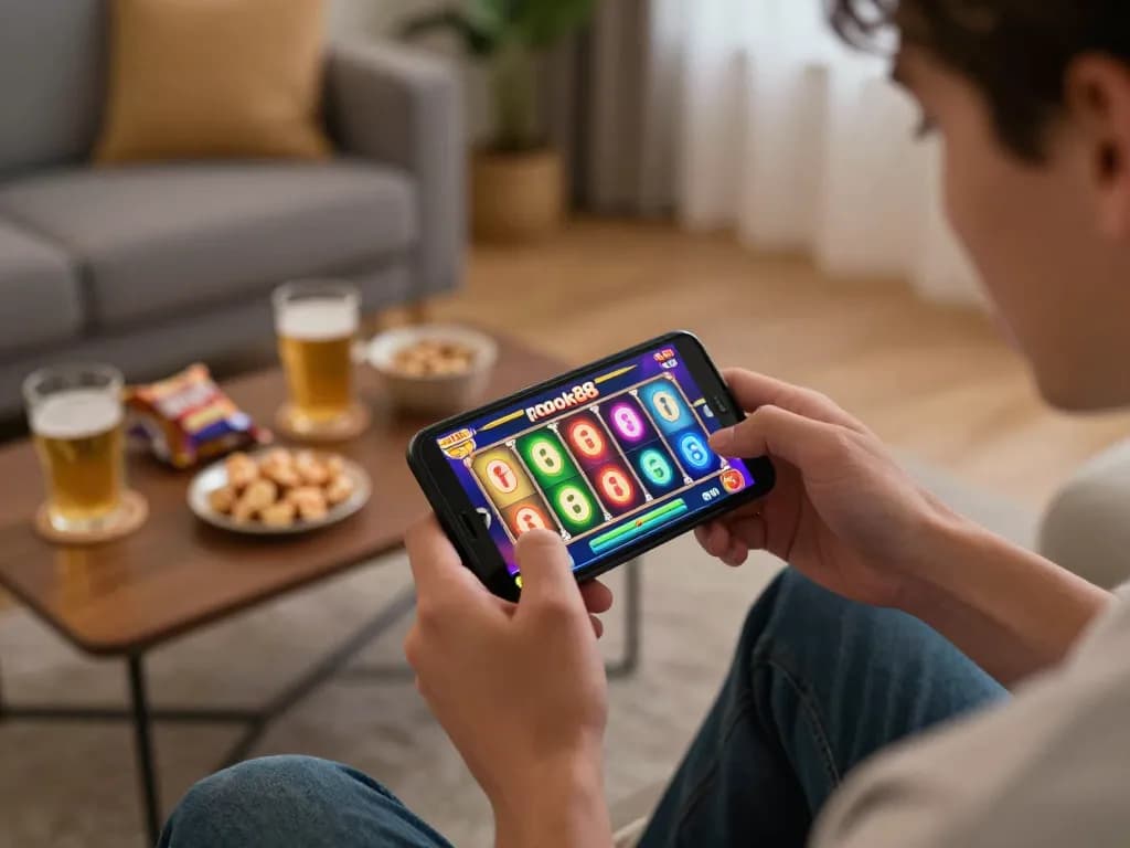 Engaging gameplay of rokok88 slot on a smartphone in a cozy home setting.