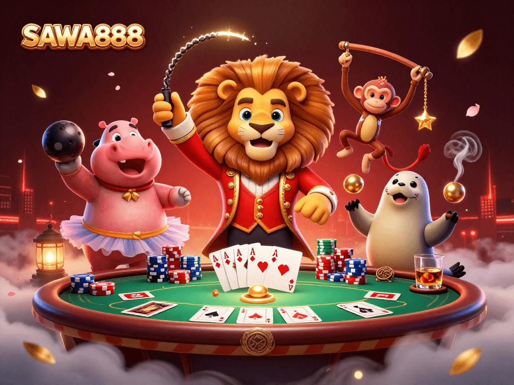 Experience excitement at SAWA888 with a vibrant 3D casino scene featuring engaging game elements and lively characters.